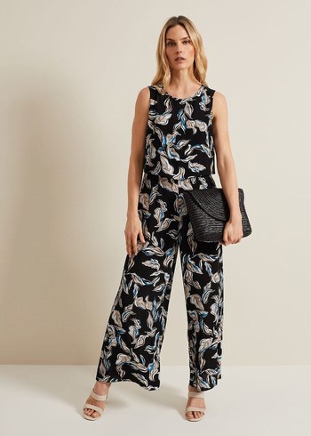 Phase Eight Aubrey Leaf Print Jumpsuit Black/Multicolor USA | 8271350-UP